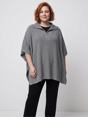 Lane Bryant Gray Ribbed Half-Zip Poncho Sweater